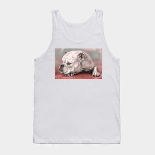 Painting of a White Bulldog Lying on the Floor. Red, Turquoise Background Tank Top